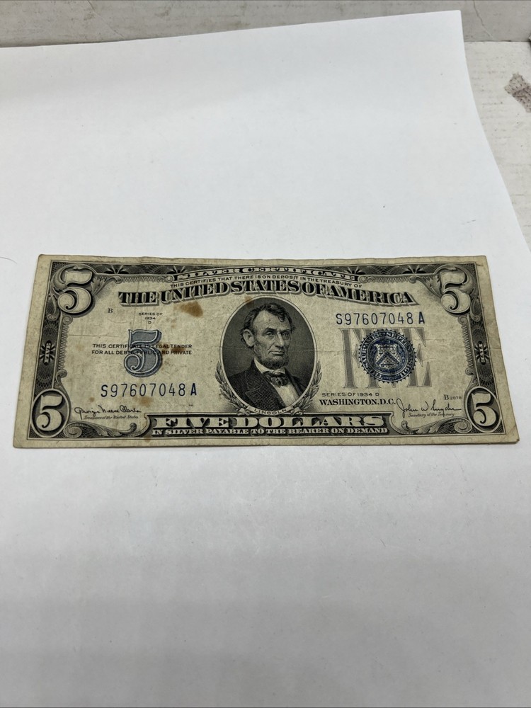 1934 D $5 Five Dollar US Silver Certificate VG Details #048