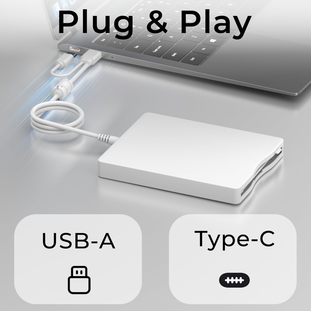 USB Floppy Drive, 3.5" External USB & Type-C Floppy Disc Reader, External Flo...