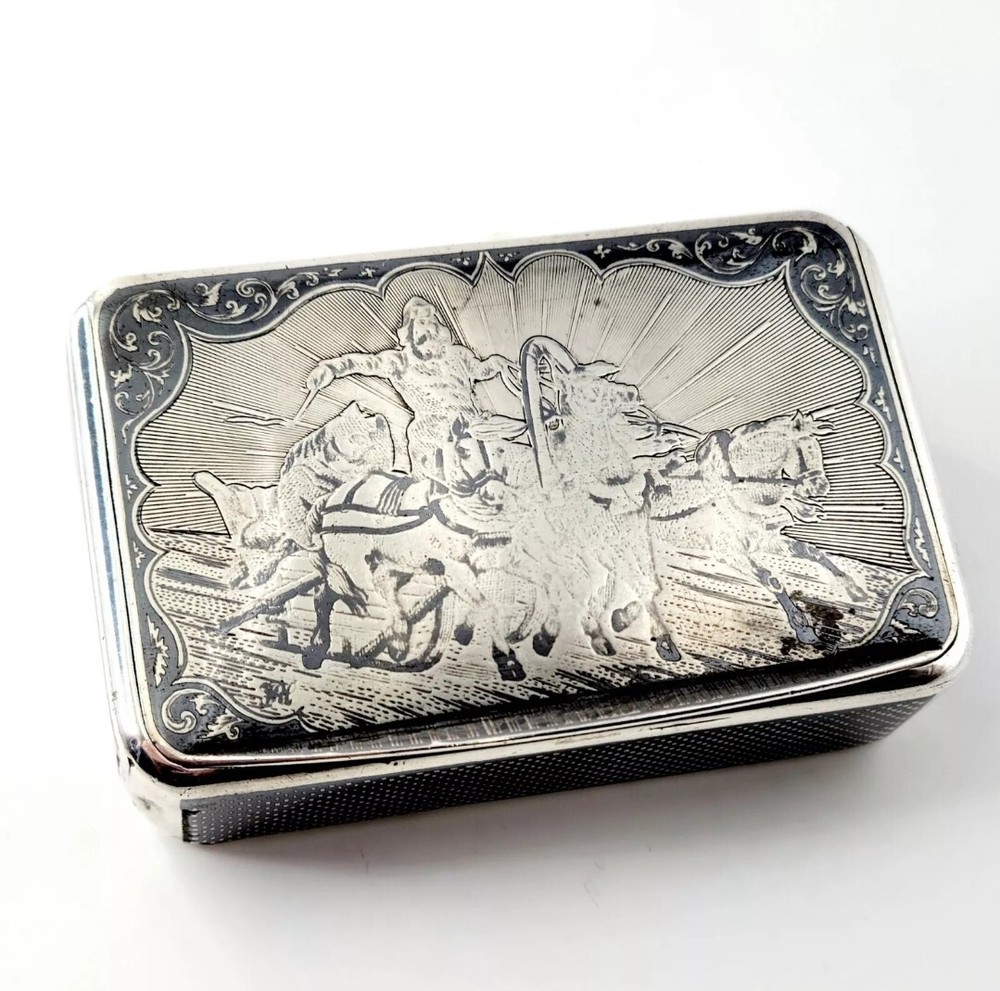 1874 IMPERIAL RUSSIAN NIELLO SOLID SILVER CIGARETTE CASE 84 WITH TROIKA SCENE