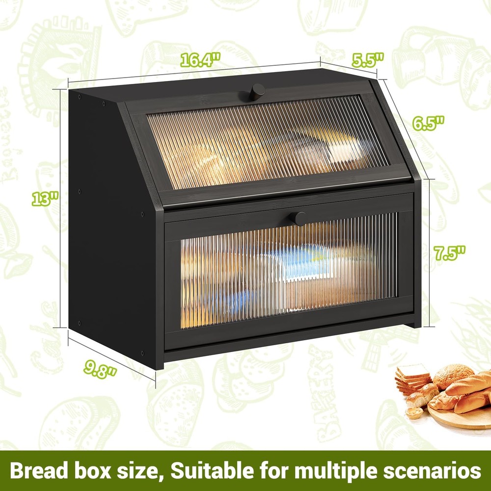 BMOSU Large Double Layer Bread Box for Kitchen Countertop, Bamboo Wood Capaci...