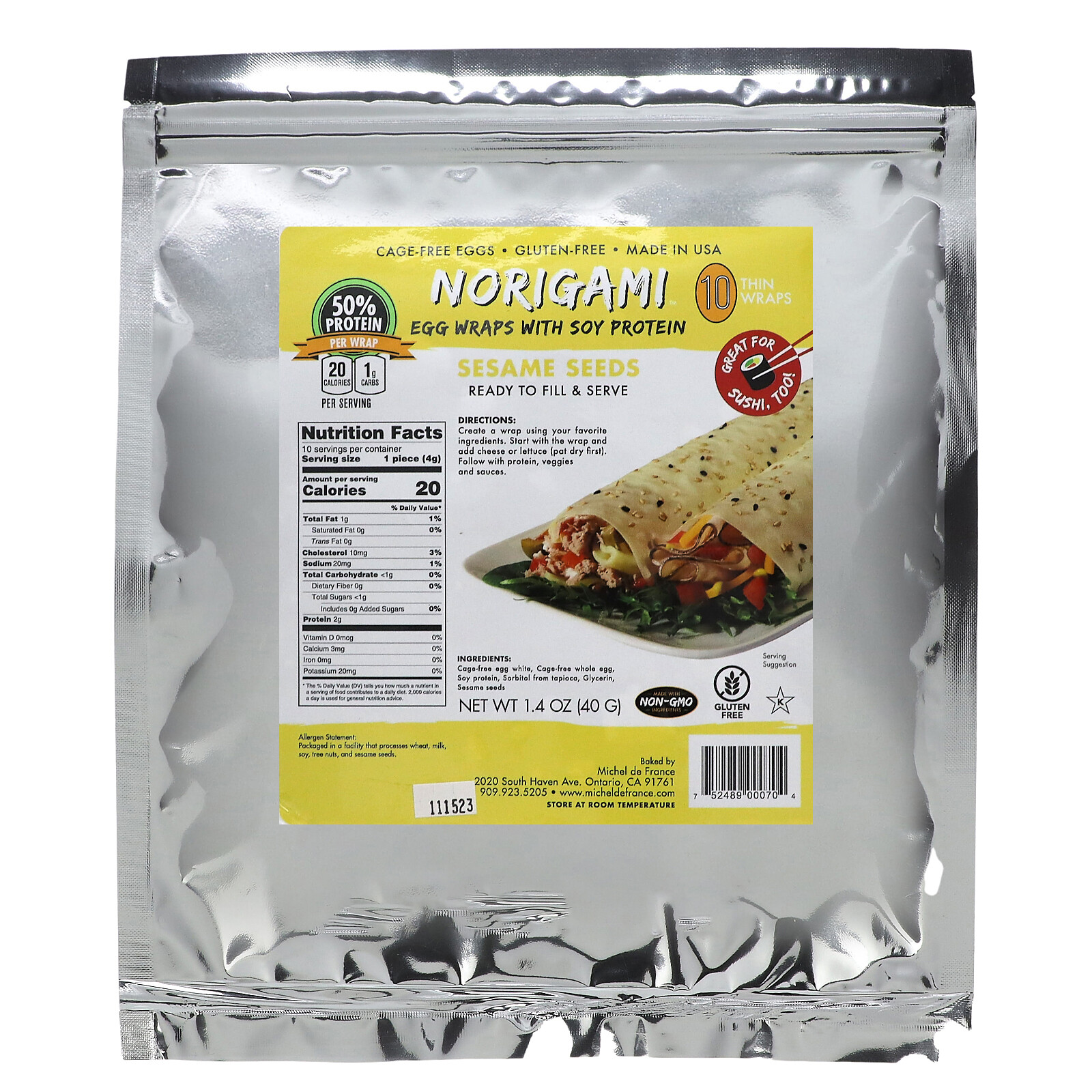 Egg Wraps with Soy Protein, Sesame Seeds, 10 Thin Wraps, 1.4 oz (40 g)