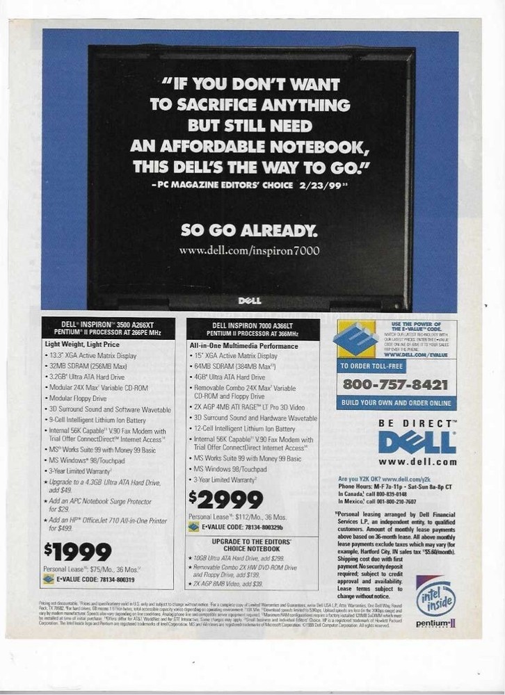 Dell Pentium III Processor Based Desktop Computer 1999 Vintage Advertisement