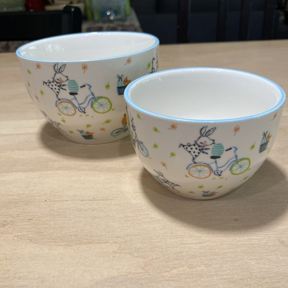 2 Easter bowls " Easter Bicycles" stoneware 5" and 4”