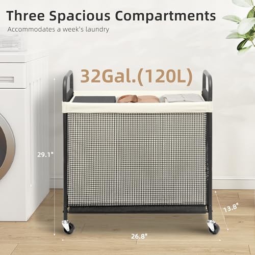 Rolling Laundry Hamper with Wheels Laundry Sorter Rolling 3-Section Beige