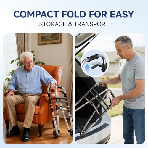 Foldable Aluminum Walker for Seniors - Lightweight, Adjustable Height & Width, 3