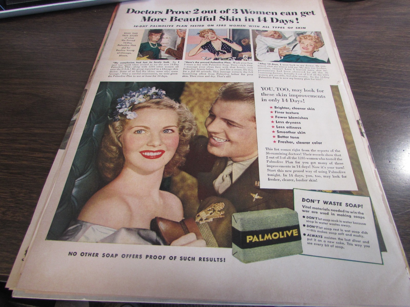 PALMOLIVE - BEAUTIFUL SKIN IN 14 DAYS - WWII  - FULL COLOR 1943 AD