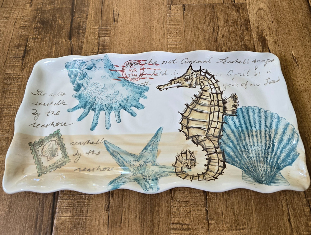 Maxcera STAMP SEAHORSE  17 1/2" Rectangular Ceramic Serving Tray