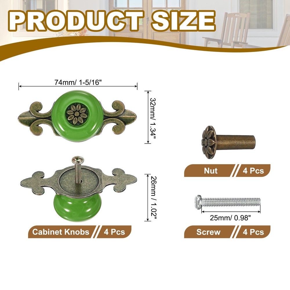 4 Pcs Retro Ceramic Cabinet Knobs 1-1/4" Vintage Dresser Drawer Knobs, Green
