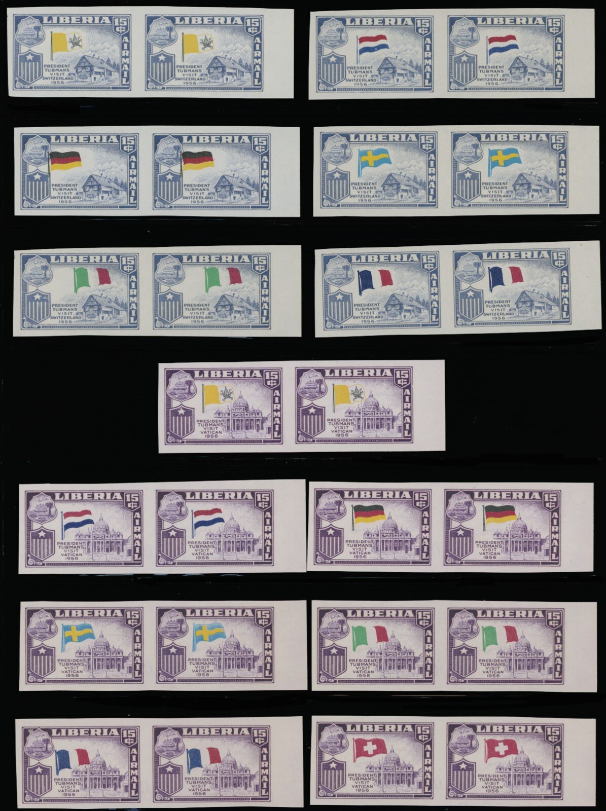 LIBERIA 1958 PRESIDENT'S VISITS 42 IMPERF PAIRS W/WRONG FLAGS SC#368-70, C114-17