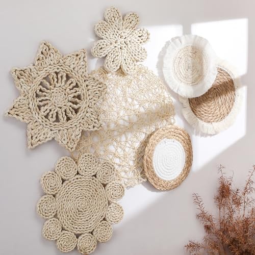 7 Pcs Boho Wall Baskets Decor Hanging Rustic Rattan Wicker Wall Baskets Round
