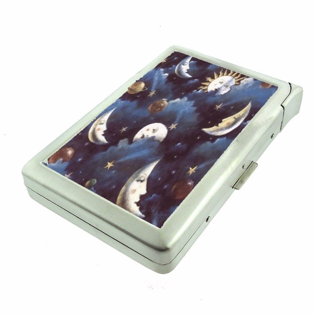 Celestial Whimsy Sun & Moon C2 Cigarette Case w/Built in Lighter Metal Wallet