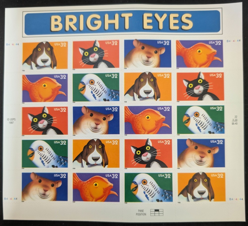 USPS Bright Eyes 1997 Full Sheet – 32¢ Pets – Mint Never Hinged