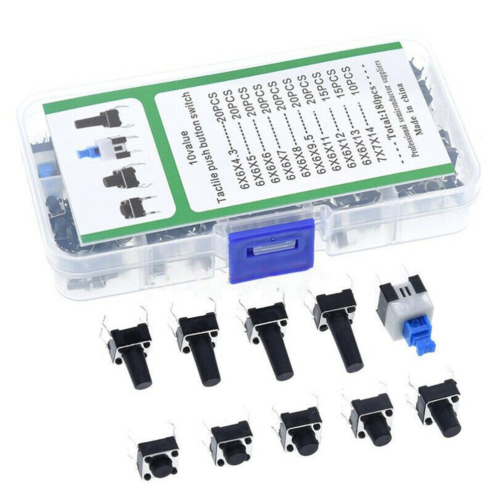 180PCS 10 Type 6X6 Light Touch Switch Push Button Switch Kit Assortment T2N9