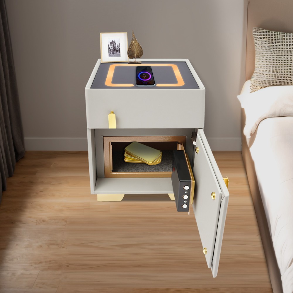 Phone Charging Bedside Cabinet, Grey, Bedside Table with Safe+Combination Lock