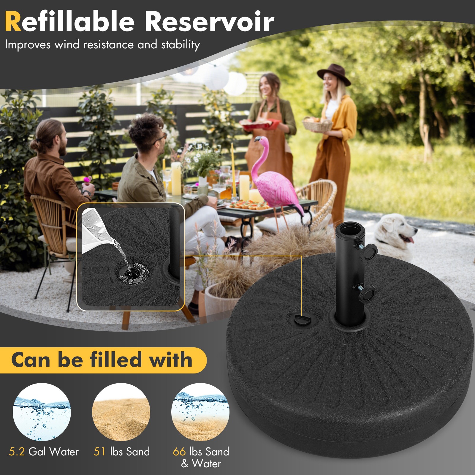 19.5" Fillable Round Umbrella Base Stand Holder Patio Heavy-Duty Pole 1.5"/1.9"