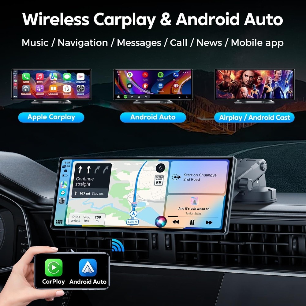 10.26" Wireless Apple Carplay/ Android Auto Screen, Strong Mount, with GPS