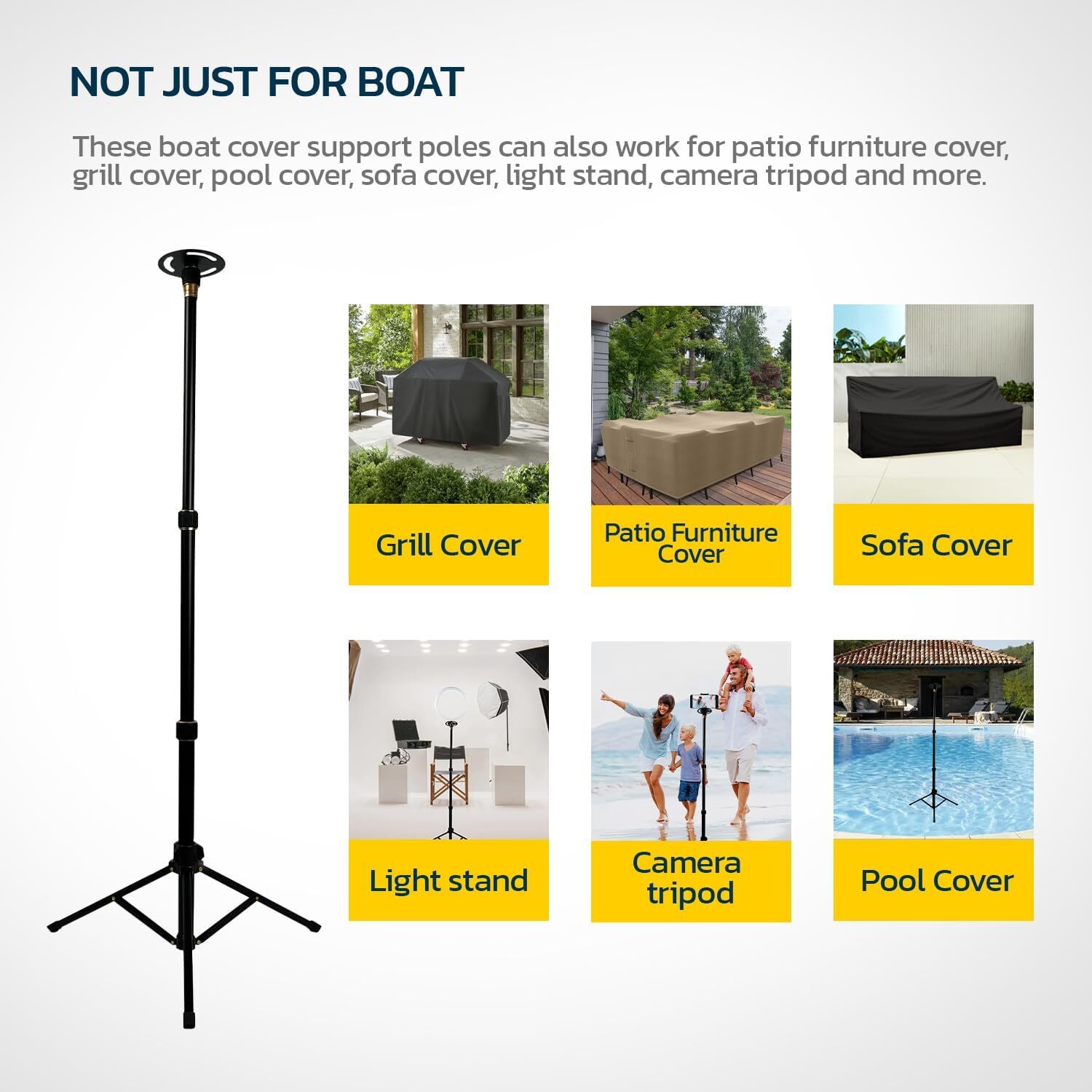 Boat Cover Support Pole & Straps Adjustable Height from 29" to 56" Tripod Base