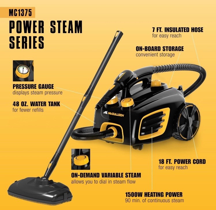 20 pc McCulloch Canister Steam Cleaner MC1375 1500W 48oz w/accessories New