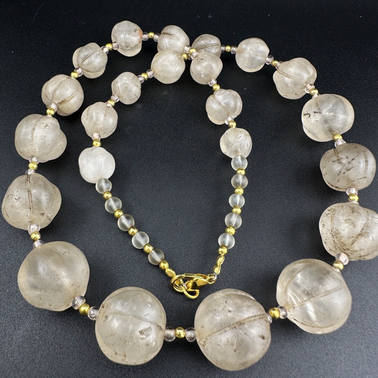 Old Himalayan Regions Crystals ￼ Beads Carving Gold Plated Beads Necklace Rare