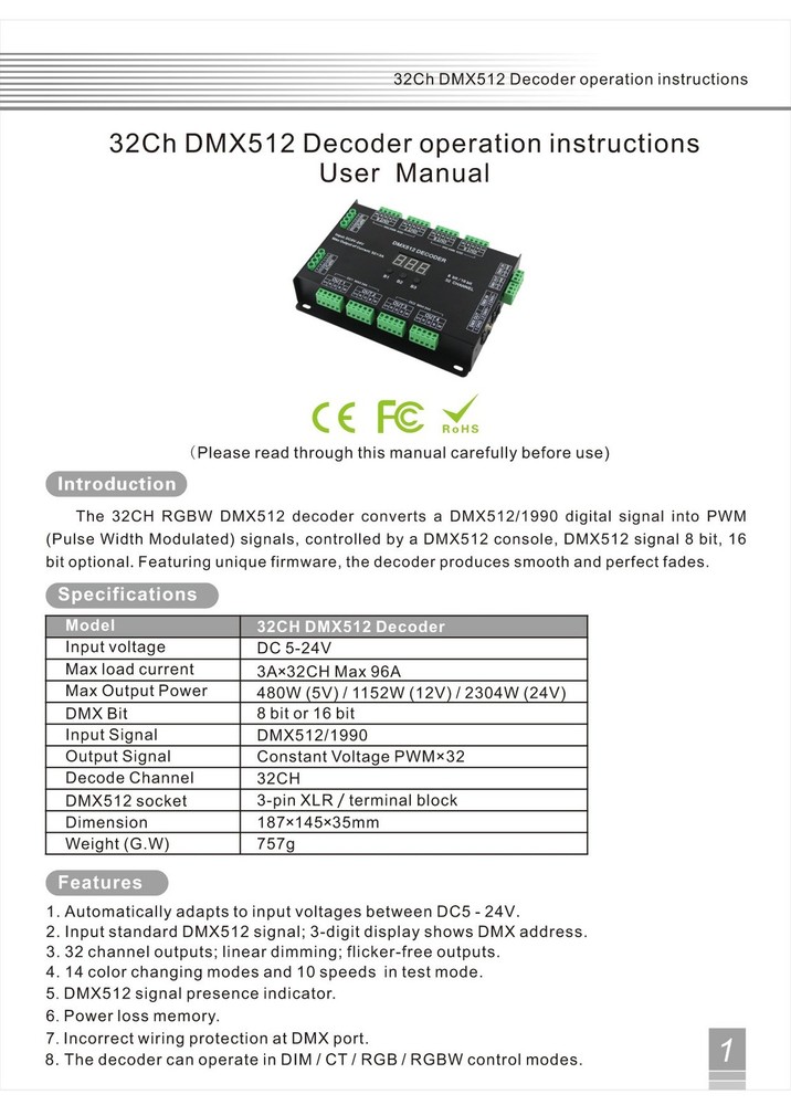 32 Channel RGBW DMX 512 LED Decoder Controller for DC524V Lights