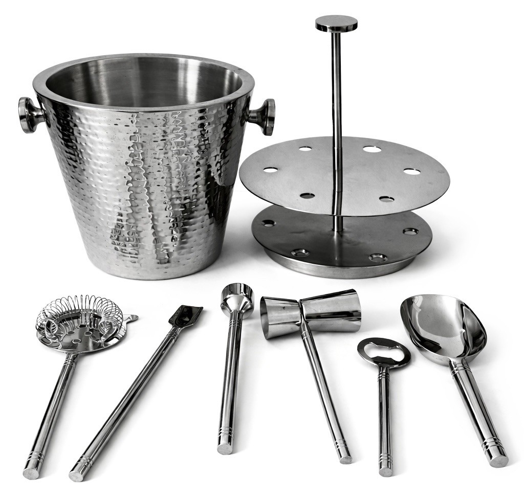 Mid-Century Stainless Steel Barware Set With Ice Bucket & Stand, 8 Pieces