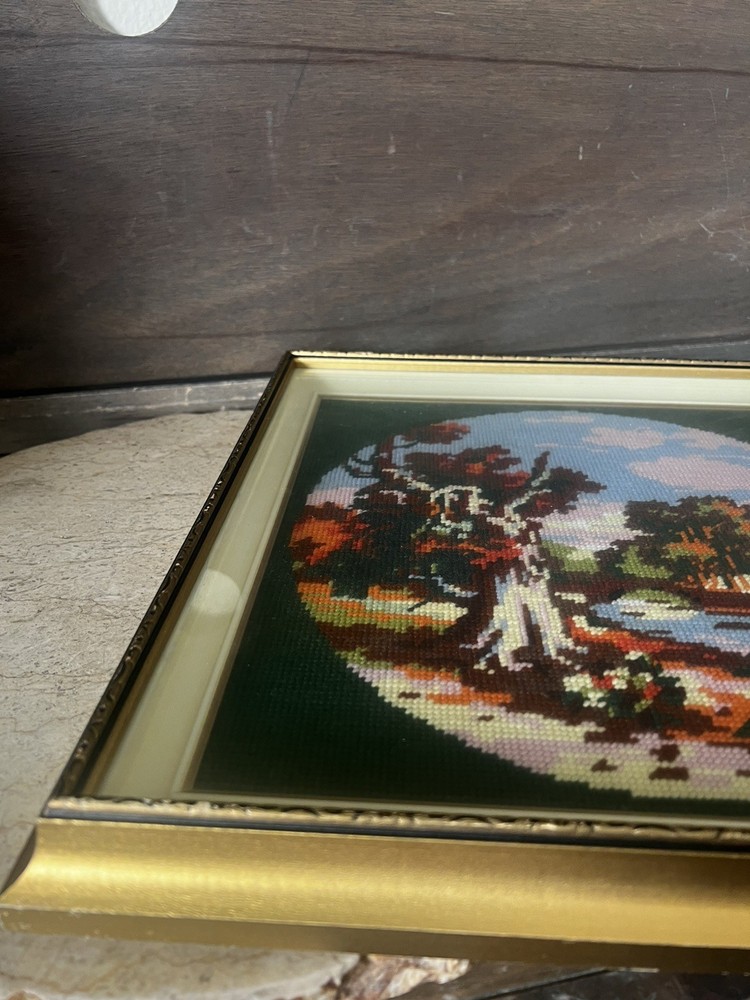 HAND MADE NEEDLE POINT FLORAL WALL HANGING FRAMED IN SOLID WOOD FRAME