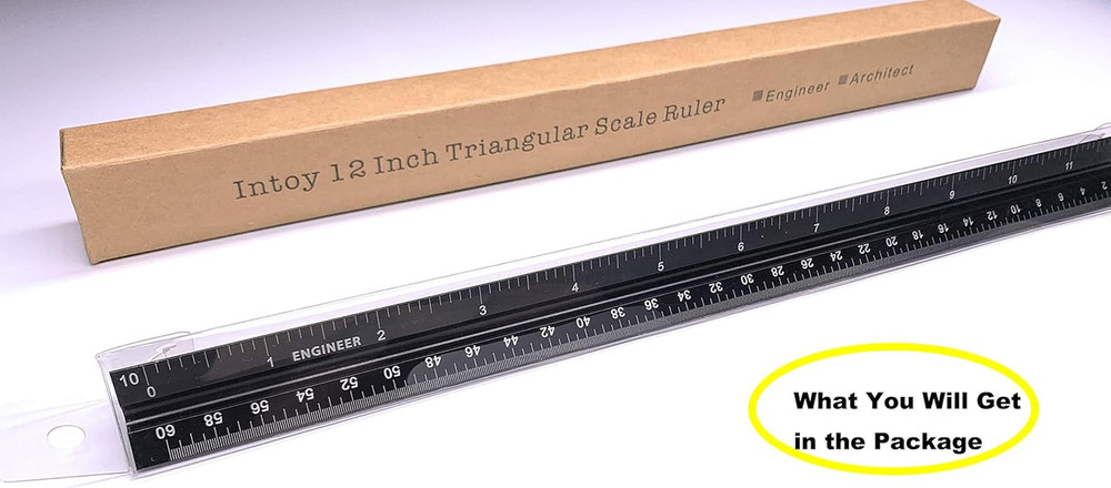12 Inch Triangular Engineer Scale Ruler, Anodized Solid Aluminum Core with La...