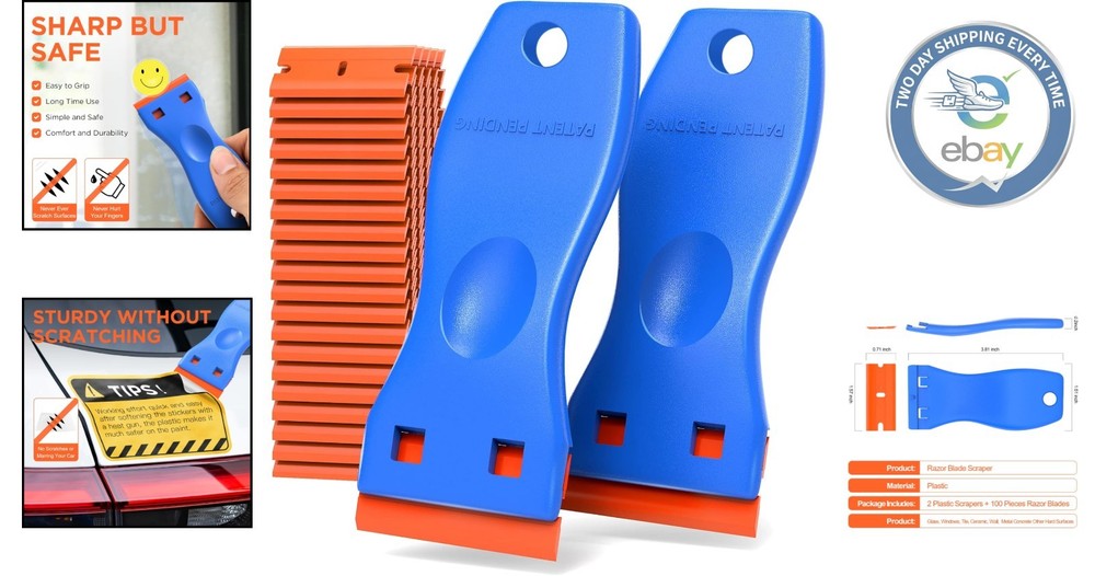 Multi-Purpose Plastic Razor Blade Scraper Kit - 100 No Scratch Blades Included