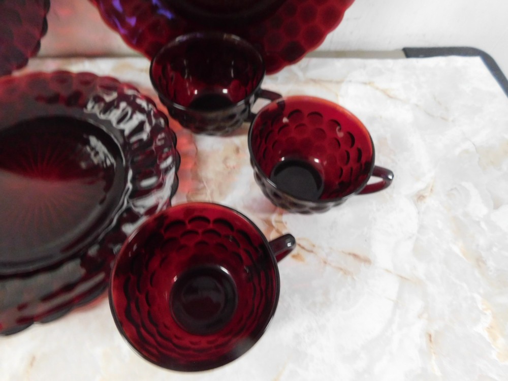 Vintage Royal Ruby Red Bubble Glass Dinner Plates & Cups Set
