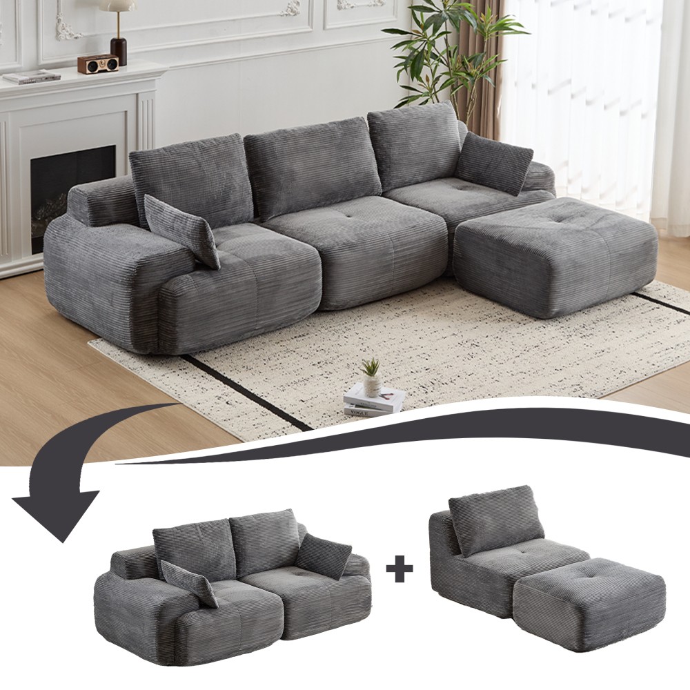 Large Modular Cloud Sofa w/ Memory Foam Corduroy Fabric Grey