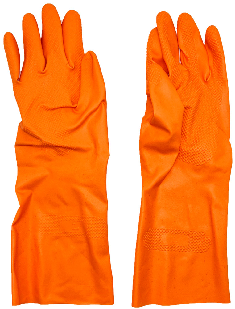 Spic and Span Extra Long Cuff Latex Gloves Diamond Pattern Non-Slip Grip Orange