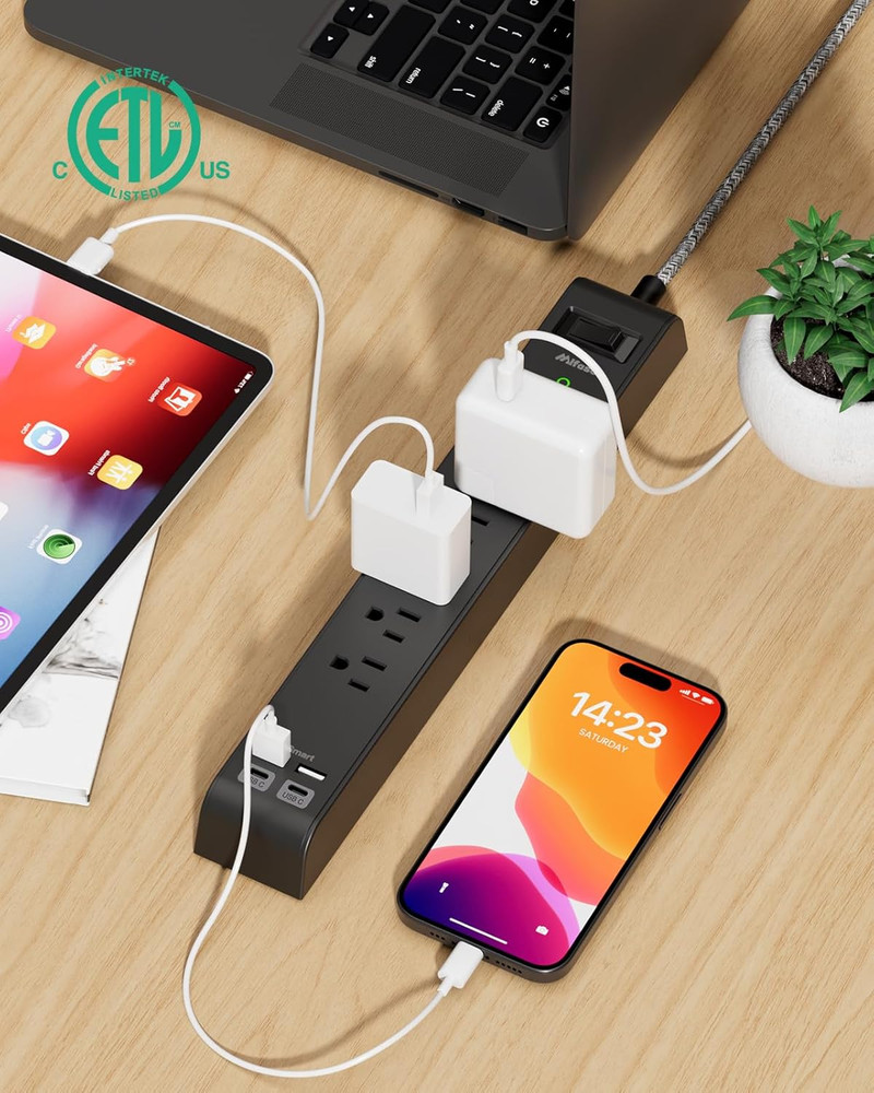 2 Pack Surge Protector Power Strip – 6 Outlets + 4 USB (USB-C), Flat Plug, 5FT C