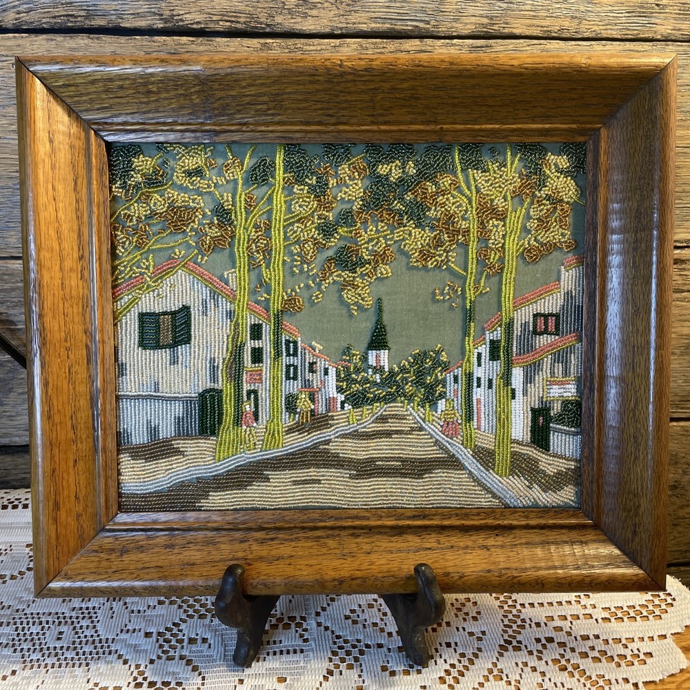 Vintage Beaded Needlepoint Landscape Framed  Micro Bead Art - Sidewalk Trees