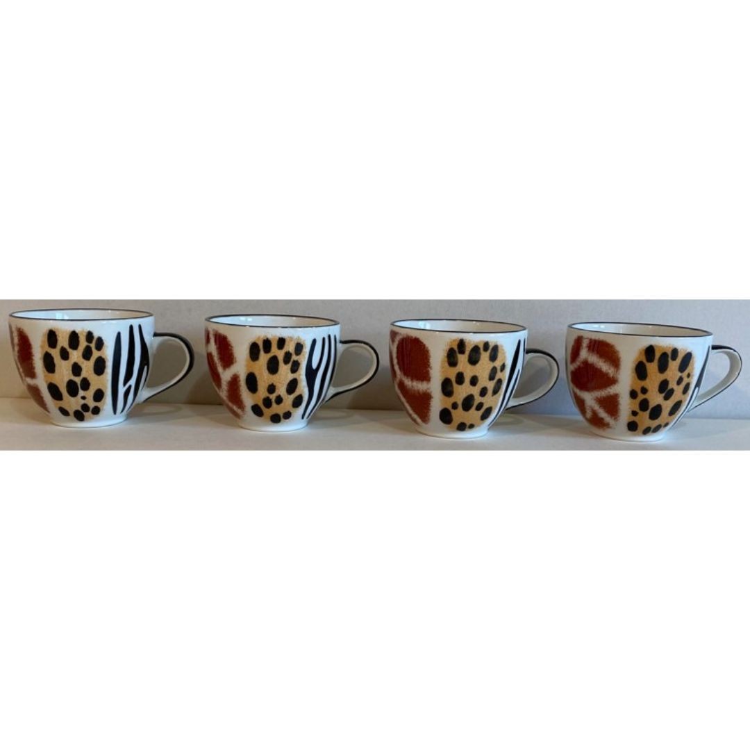 4 Hand Painted African Ceramic Teacups & Saucers Leopard, Giraffe, Zebra Rustic