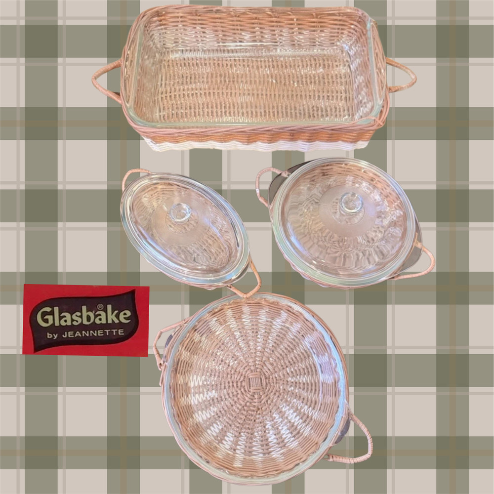 Vintage 1978 Glasbake Jeannette Wickerware 10 Pc Basket Set Ovenware Inserts EUC