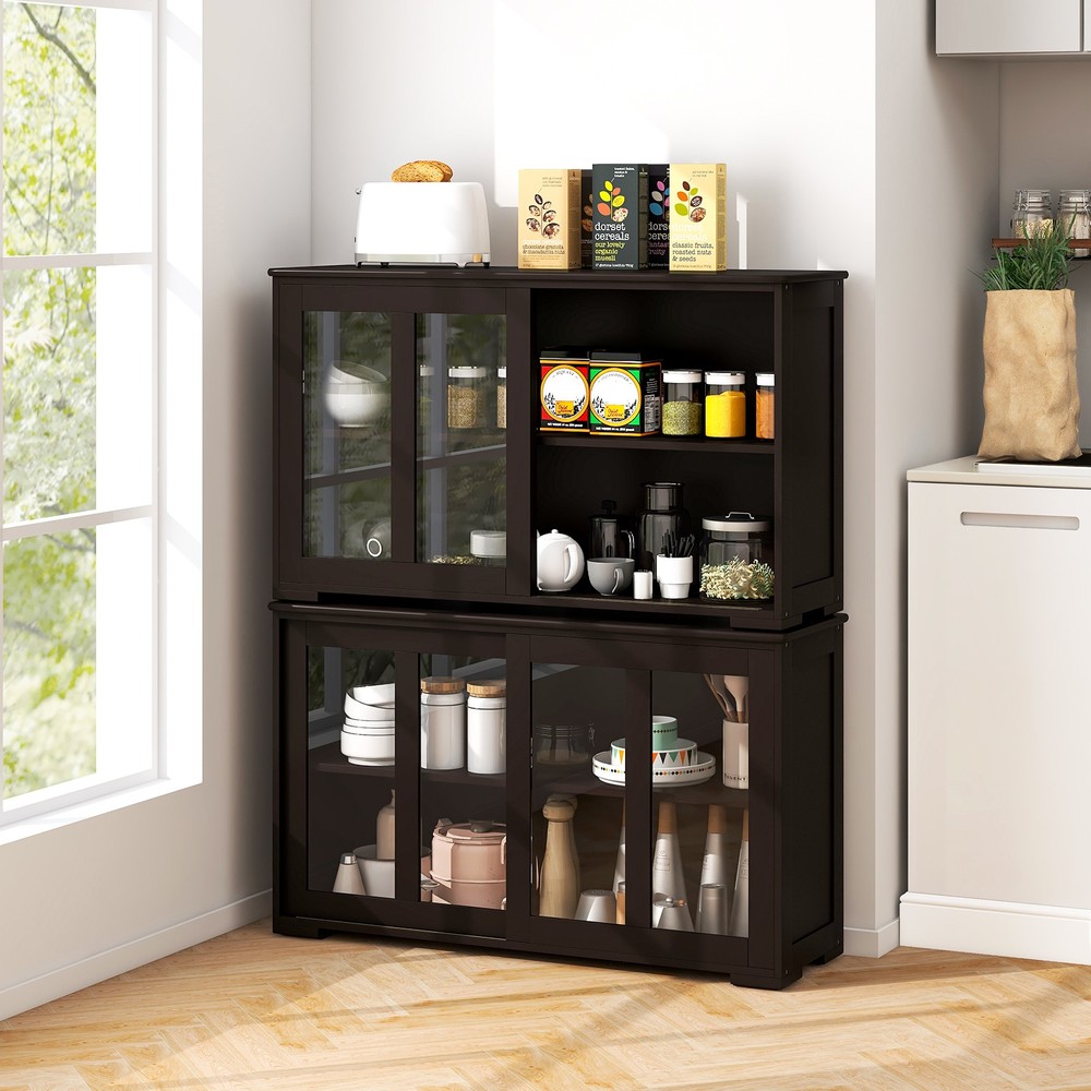 2PCS 2-Door Stackable Buffet Sideboard w/Sliding Tempered Glass Doors Brown