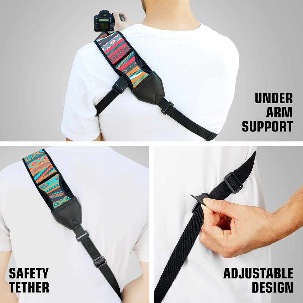 Camera Sling Shoulder Strap - Adjustable Neoprene, Safety Tether, Accessory Pock