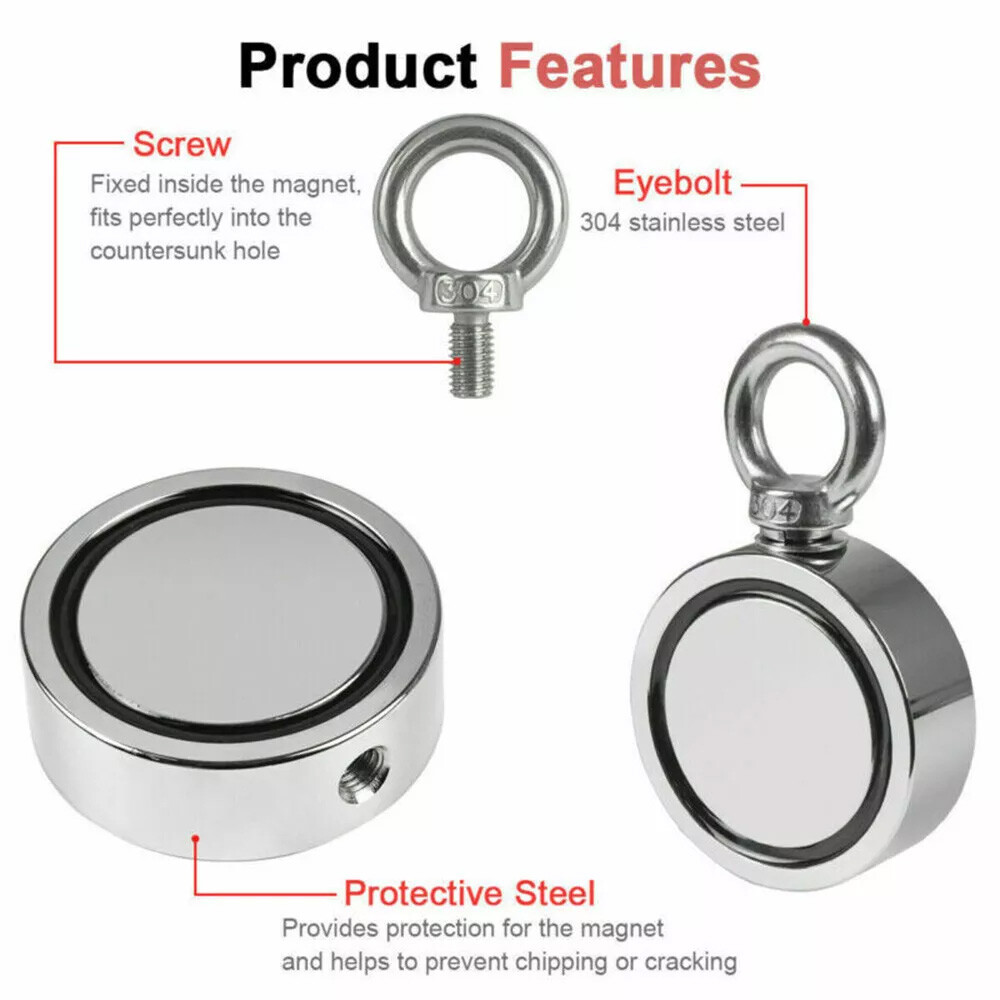 2000 LBS Strong Fishing Magnet Kit Double Sided Pull Force 20m Rope Carabiner