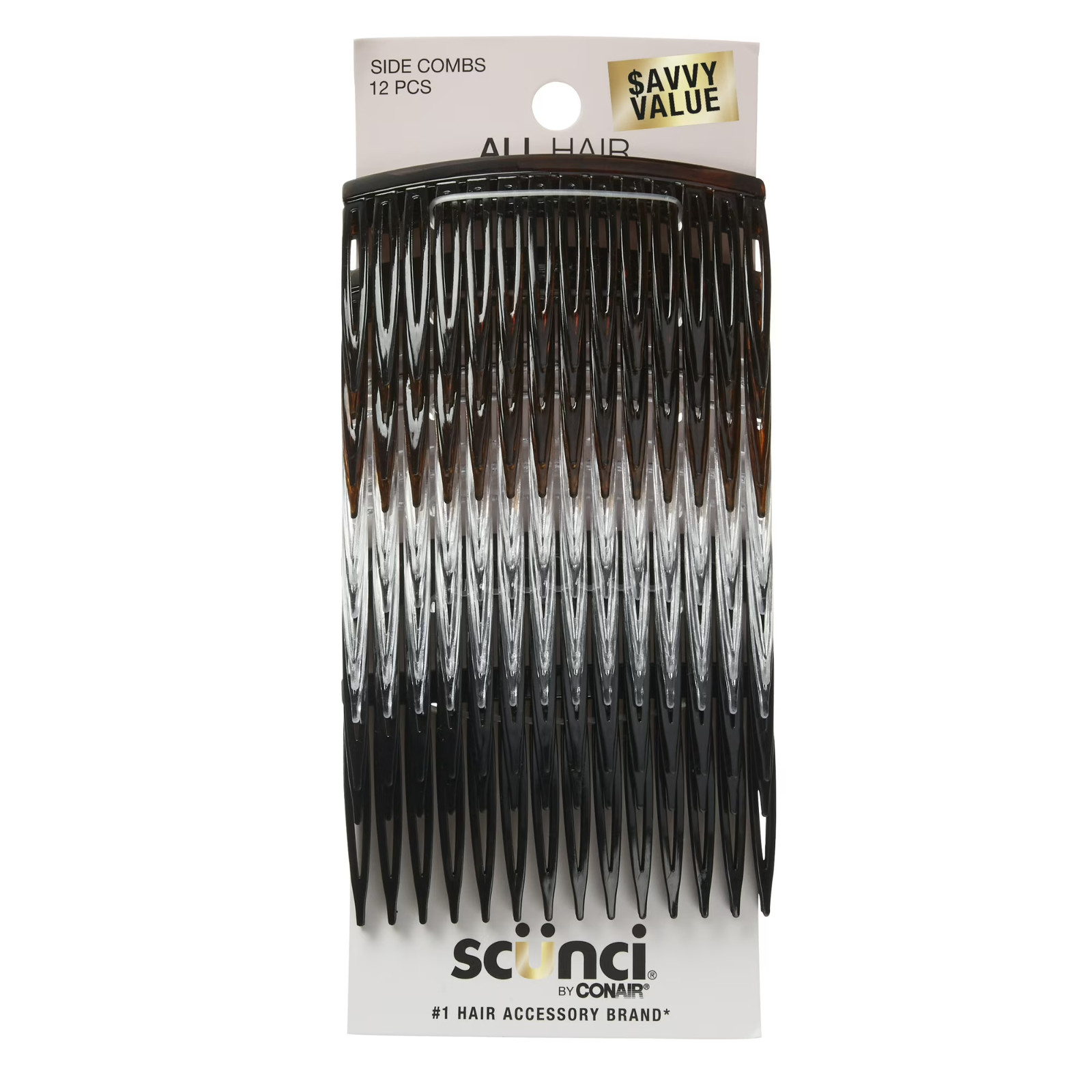 Scunci Plastic Side Hair Combs 12 Ct – Black, Clear & Tortoise Shell