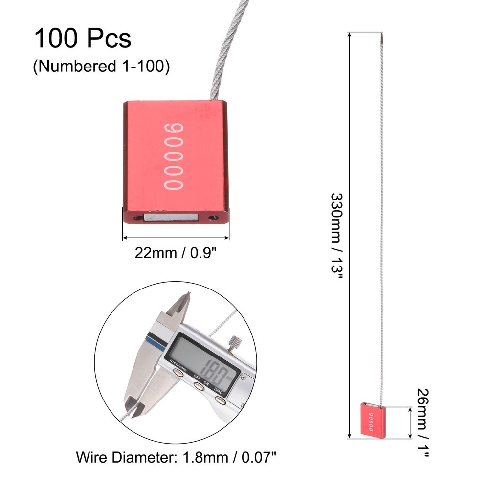 100Pcs Security Cable Seals 13" Numbered Tamper Proof Seal Self Locking Red