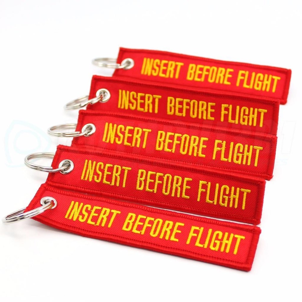 INSERT BEFORE FLIGHT QTY= 5 PCS RED/yellow KEYCHAINS RING TAGS CABIN CREW