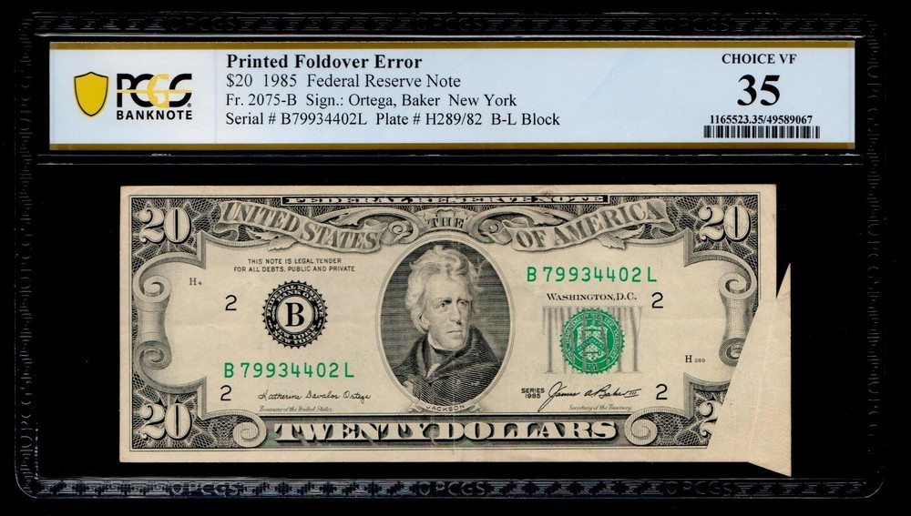 Printed Foldover Error 1985 $20 Federal Reserve Note PCGS VF 35