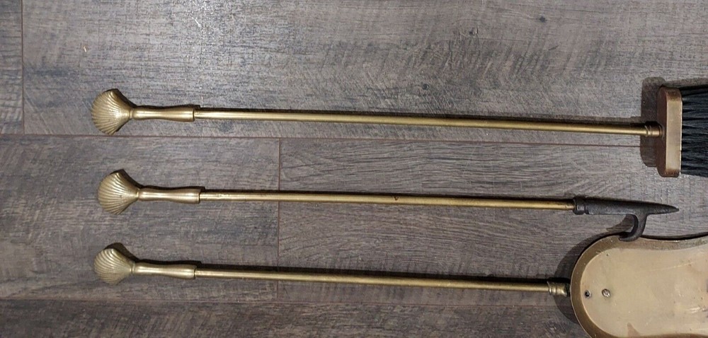 Fireplace Utensils Solid Brass Sea Shell Handles Tool Set 4 Pieces Cottagecore