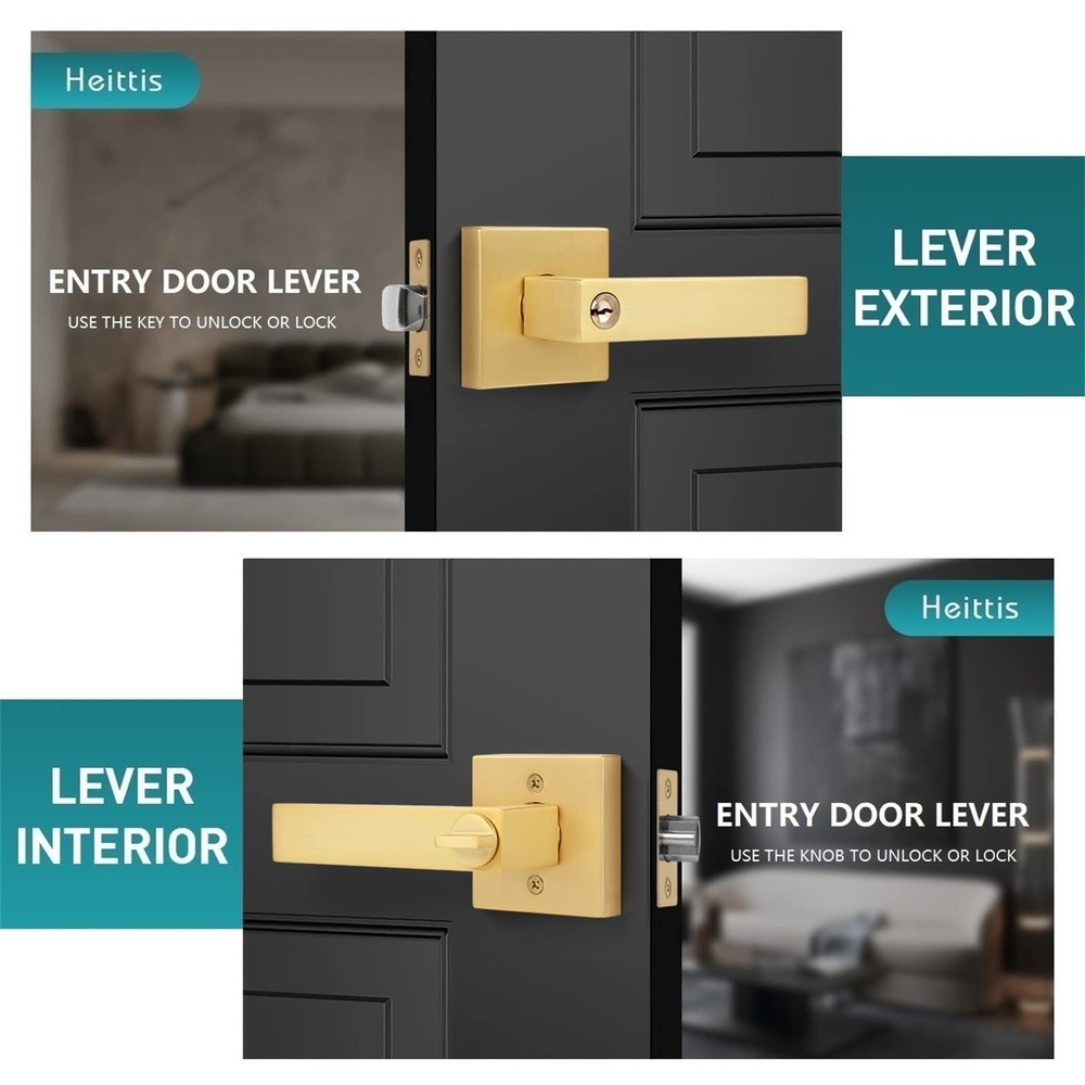 3 Pack Square Gold Door Handle with Key Heavy Door Knobs Interior(Keyed Alike...