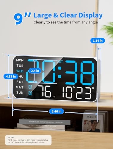 8.4''Large Digital Wall Clock, Led Alarm Clock with Big Digits, Date, Blue