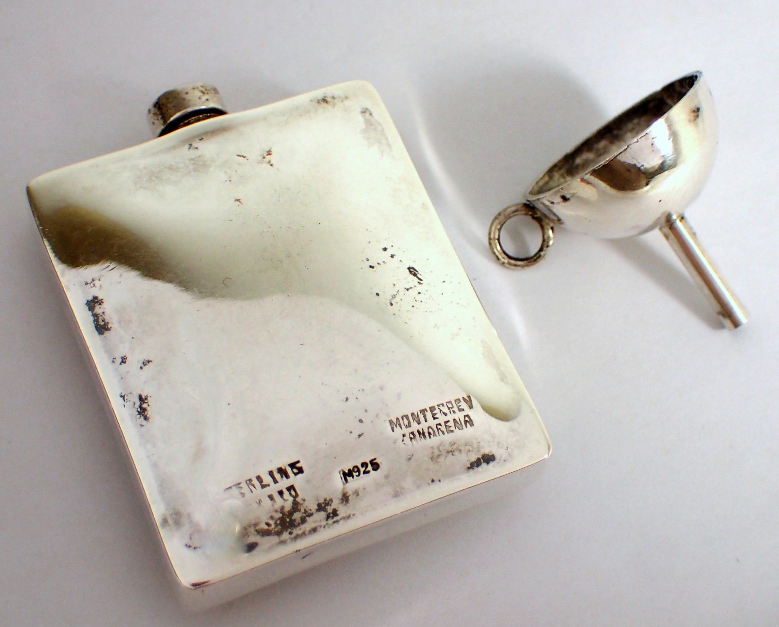 Vtg Mexican Sterling Monterrey Etched NANCY Perfume Scent Bottle Flask w Funnel