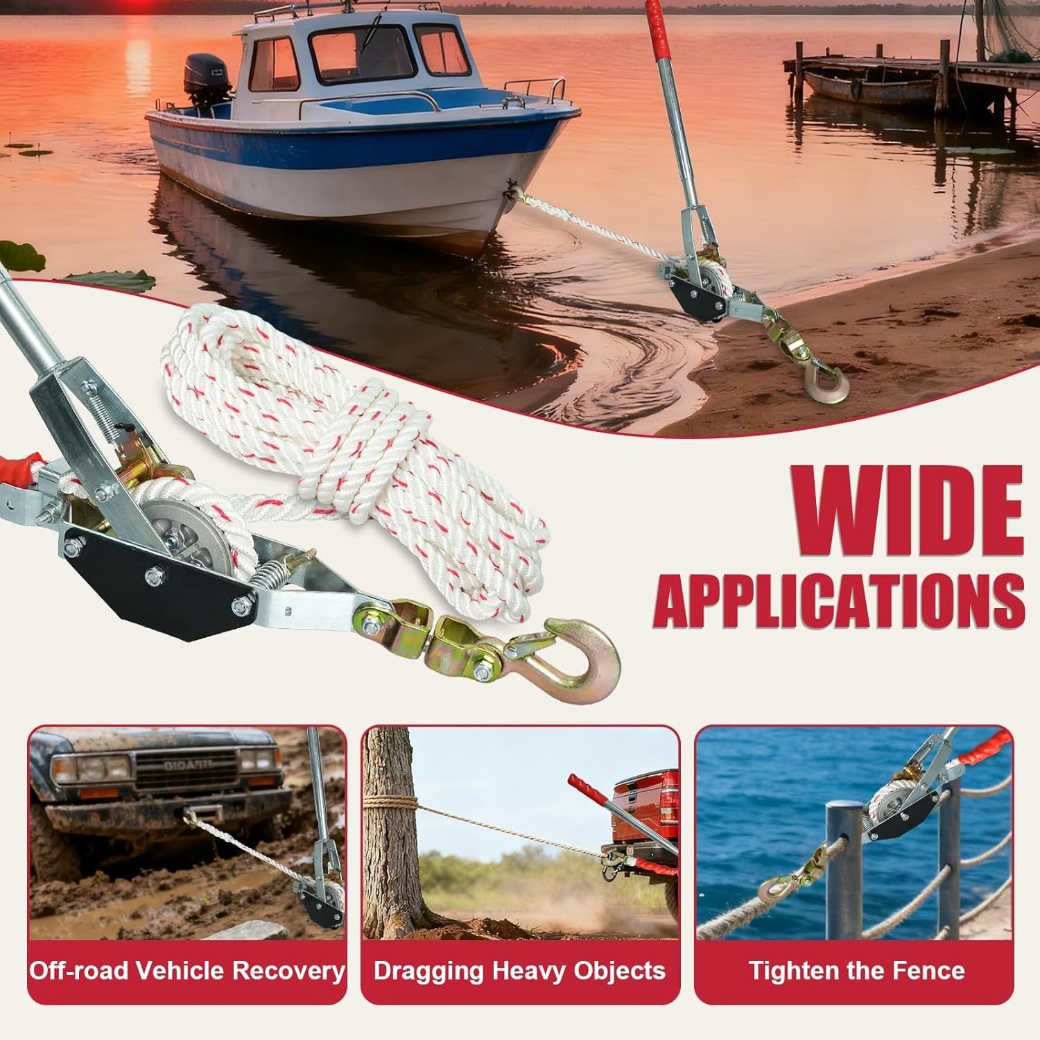 Rope Puller 1-1/2 Ton 3300 lbs Capacity with 20' of 0.6" Diameter Rope 2 Hook Co