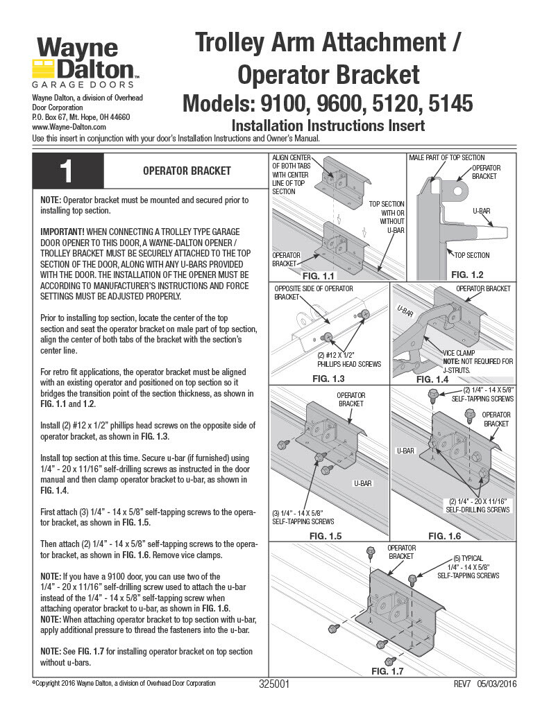 Garage Door Opener Trolley Arm Attachment Bracket 320787 322984 Wayne Dalton