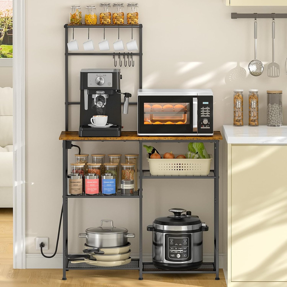 Rustic Bakers Rack with Power Outlet & Hooks - 6-Tier Kitchen Storage Shelf