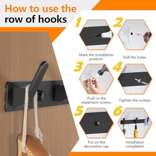 3Pcs Coat Rack Wall Mount with 3 Black Coat Hooks, Hat Racks for Baseball